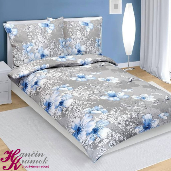 Krepové povlečení 80/528, modrý ibišek na šedé (1)