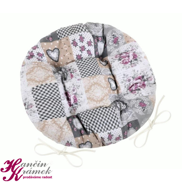 Sedák Dita kulatý prošívaný 62/408, patchwork love šedý (1)